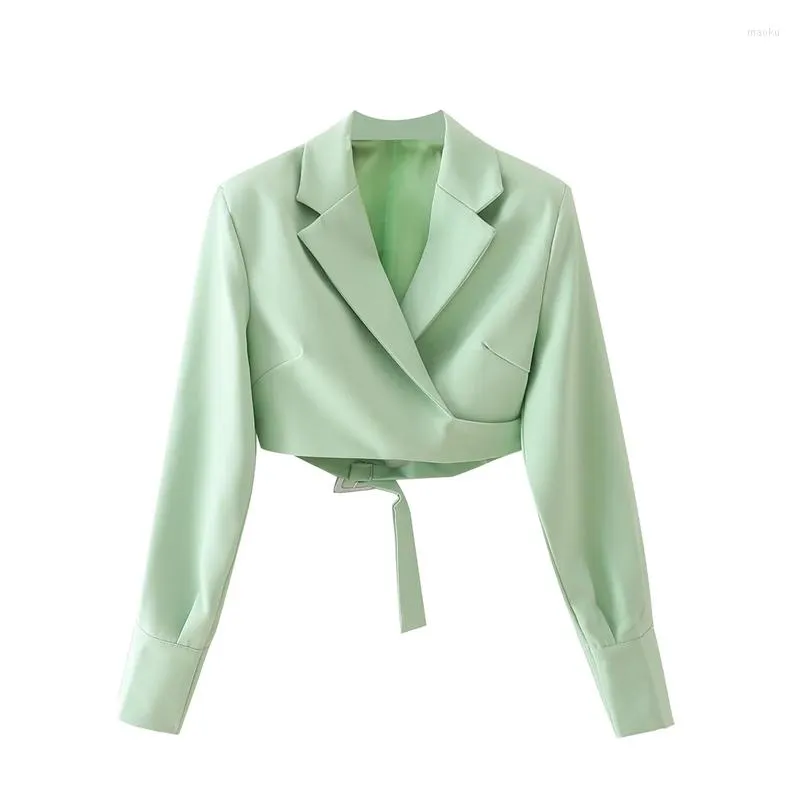 Women's Suits XNWMNZ 2022 Woman Crop Jacket Tops Autumn Retro Notched Collar Buckle Strap Detail Wrap Blazer Green Coat High Waist Suit