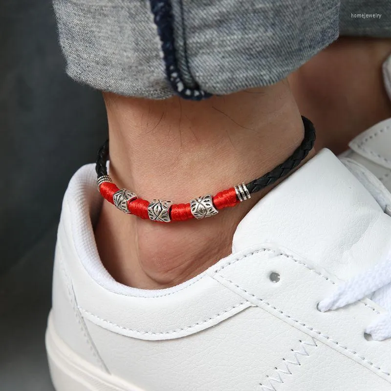 Bracelets de cheville chaîne rouge cheville pour hommes cuir noir Lukcy pièce charme Bracelet de cheville adolescents garçons Punk Hip-hop bijoux articles en gros