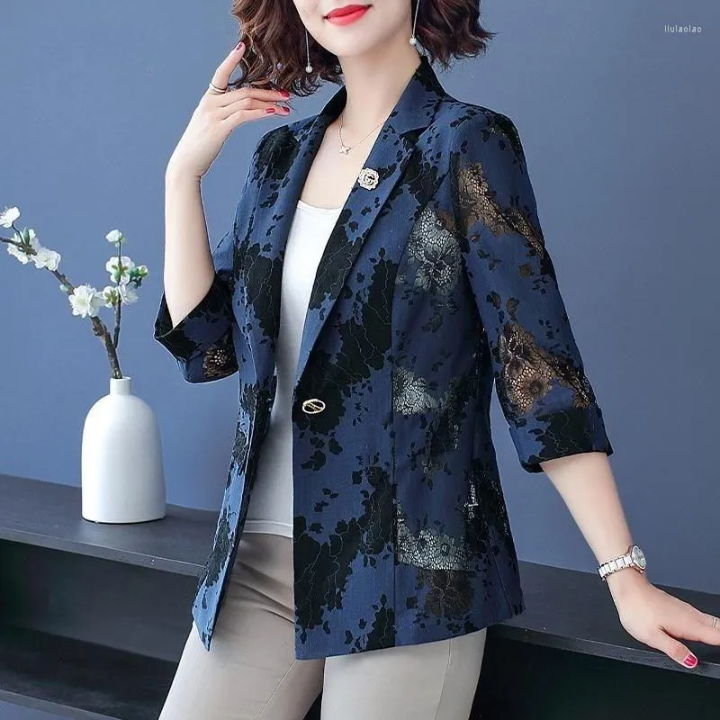 Women's Suits 2022 Ladies Blazer Summer Lace Thin Suit Outerwear 3/4 Sleeve Femme Casual Women's Clothing Navy Jacket Coat L- B320