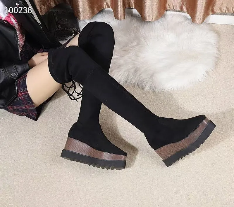 autumn winter heeled heel Long boots fashion sexy Knitted elastic boot designer shoe women Suede leather wedge heel shoes lady Thick high heels size 35-40-41 With box