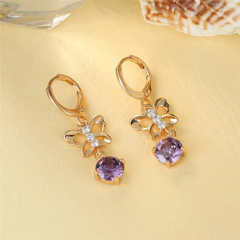Kolczyki obręcze urocze puste małe motyl fioletowy kryształowy okrągły kamień vintage złoty kolor ślub dla kobiet prezent
