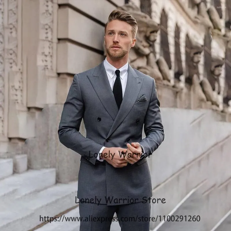 Men's Suits Dark Grey Daily Men Slim Fit Business Blazer Double Breasted Wedding Groom Tuxedo 2 Piece Set Terno Masculino Jacket Pants