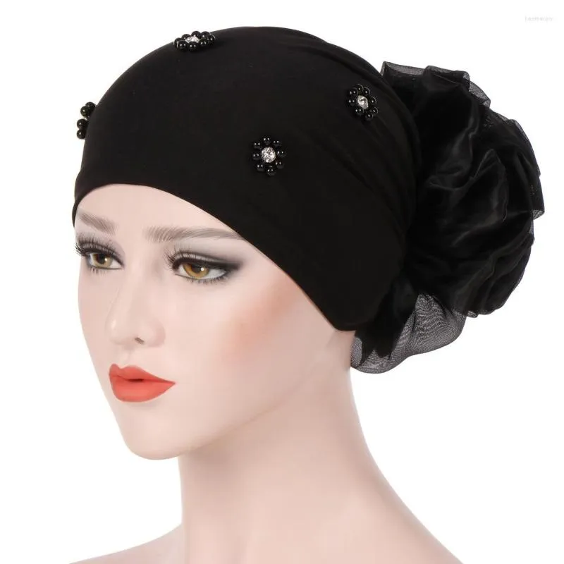 Vêtements ethniques élastique femmes grande fleur Hijab Turban casquettes musulman perles tête écharpe dames cheveux Accessoires casquette islamique sous-écharpe Bonnet