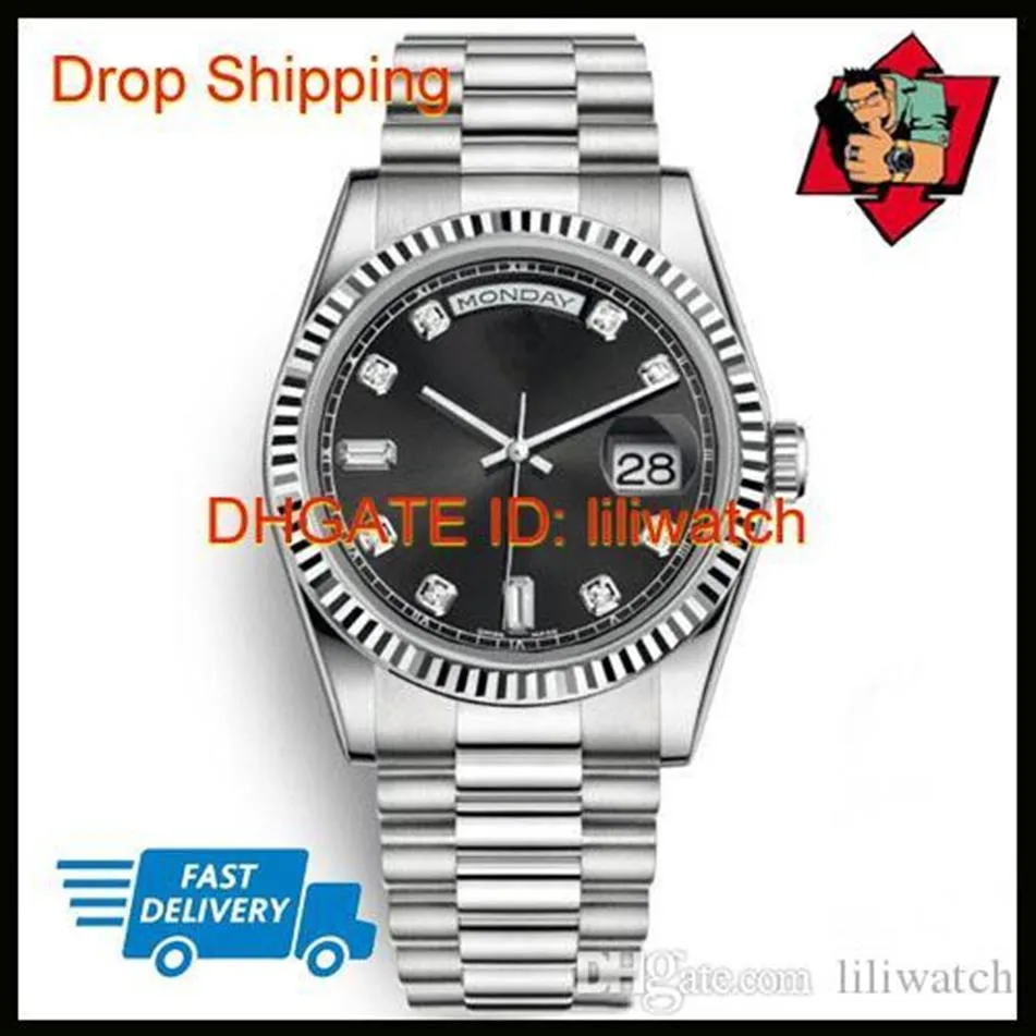 & New Men's Watch 40MM Black Watch Dress Dial Diamond Automatic Movement Silver President Party Rhinestone Wristwatch Cho224N