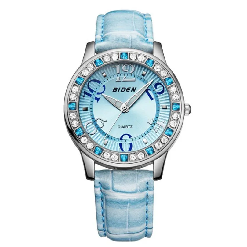 Woman Casual luminous watch waterproof Ladies sports watches Leather strap blue Rhinestone dial Relogio Dress Quartz wristwatch256e