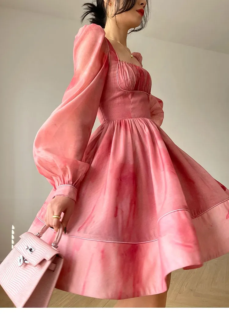 Повседневные платья платья французская шея розовая темперамент с длинным рукавом большие мод