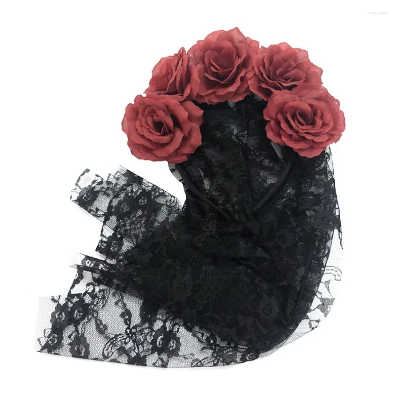 Bandanas Rose Crown Headband Black Veil Floral For Cosplay Party