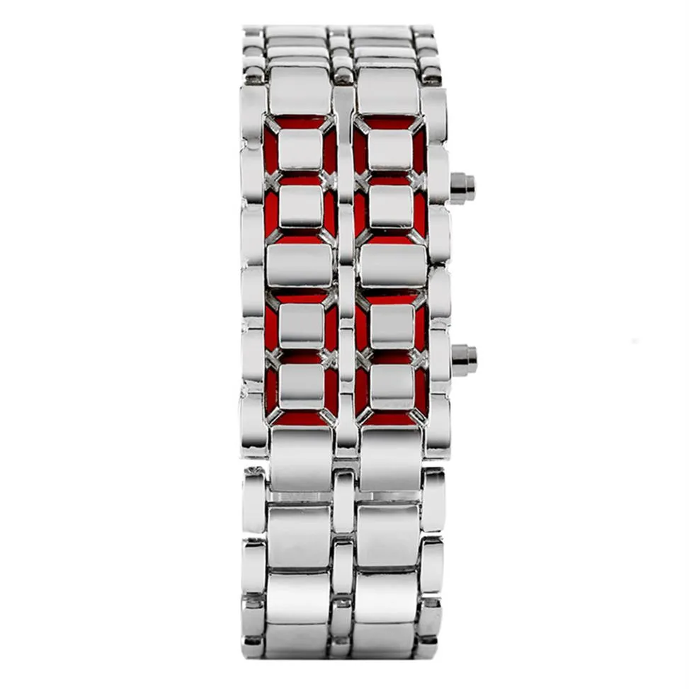 Fashion Black Silver Full Metal Digital Lava Wrist Watch Men Blue LED Red Afficher les montres masculines Cadeaux pour un garçon masculin Sport Crea3286