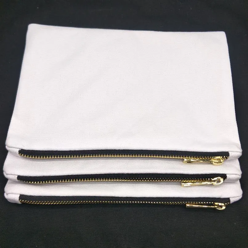 6x9in blank white 12oz cotton canvas makeup bag with black-gold zip gold lining white cotton cosmetic bag for DIY paint print in s314U