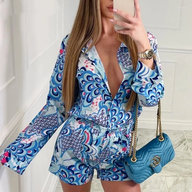 Women's Tracksuits Beach Styles Satin Sets Women Fashion Scenery Pattern Button-down Shirts And Shorts 2023 Summer Casual 2pcs