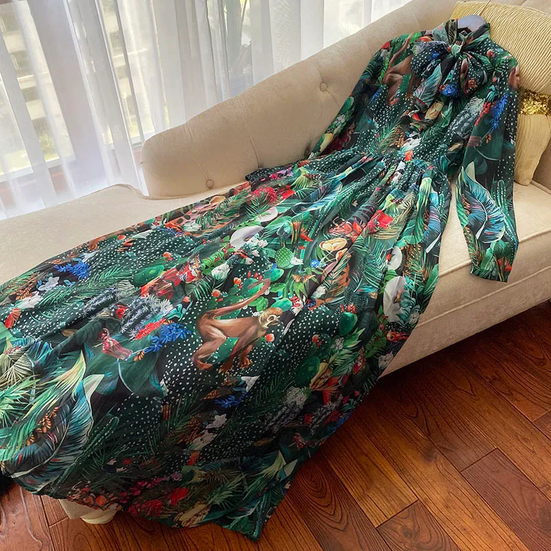 Runway Dresses Dress Fashion Animal and Plant Green Print Long Sleeve Waist Slim Silk Scarf