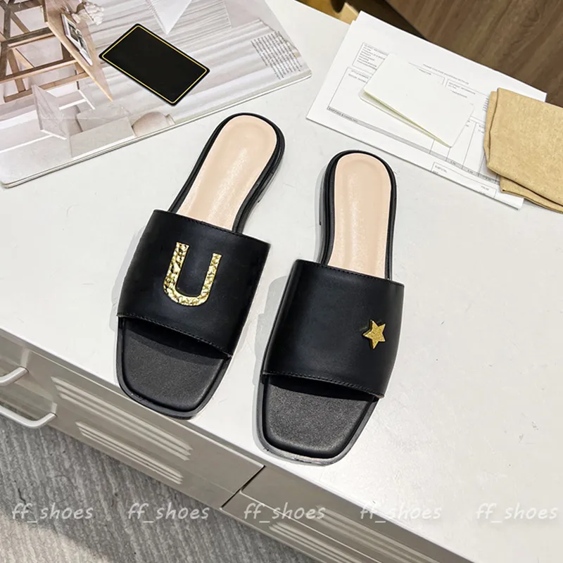 Women Slippers Slides Sandals 2023 New Designer Low Heels Casual Shoes Gold Lettering Genuine Leather Fashion Outdoor Stars Sandal Slipper Slide US Size 12 EUR 43