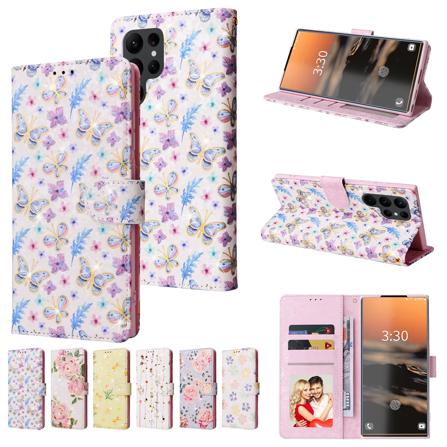 Leather Magnetic Flip Cases Wallet RFID Blocking Flower Cover Free Strap For Samsung S8 S9 S10 Plus S20 FE S21 S22 S23 Ultra A51 A12 A22 A32 A52 A13 A23 A33 A53 A04 A04E A14