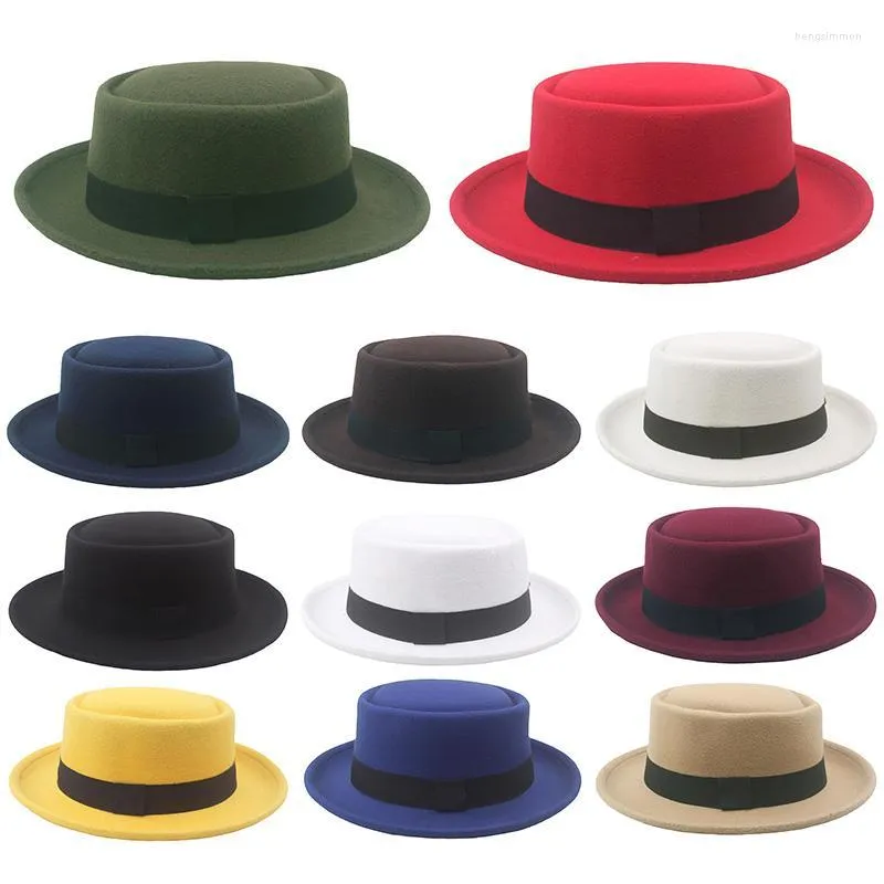 Basker platt topp fedoras jazzhattar f￶r kvinnor m￤n fast f￤rg imitation ull keps brittisk stil breda brim damer bowler fedora