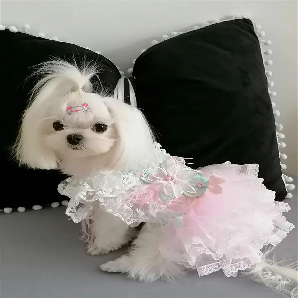 handmade dog apparel clothes six petals feather sexy tulle lace collar skirt princess dress pet cat 2 choice1987