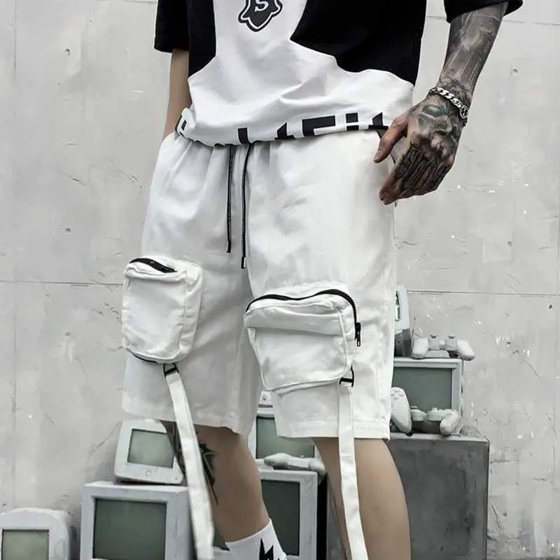 Men's Shorts Men Overalls Knee Length Summer White Black Cargo Shorts Multi-pocket Hip Hop Korean Streetwear Male Five Points Pants G221214