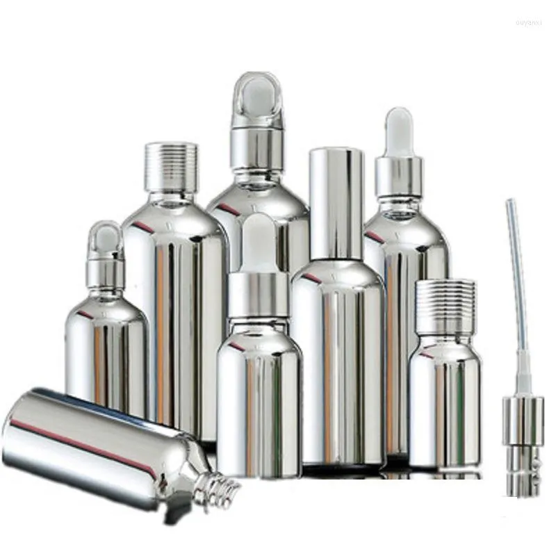 Opslagflessen 5 ml-100 ml zilverglazen fles Essentiële olie-druppelaar Mlaopcosmetische verpakking Serumlotionpomp Spray Atomizer 15pcs