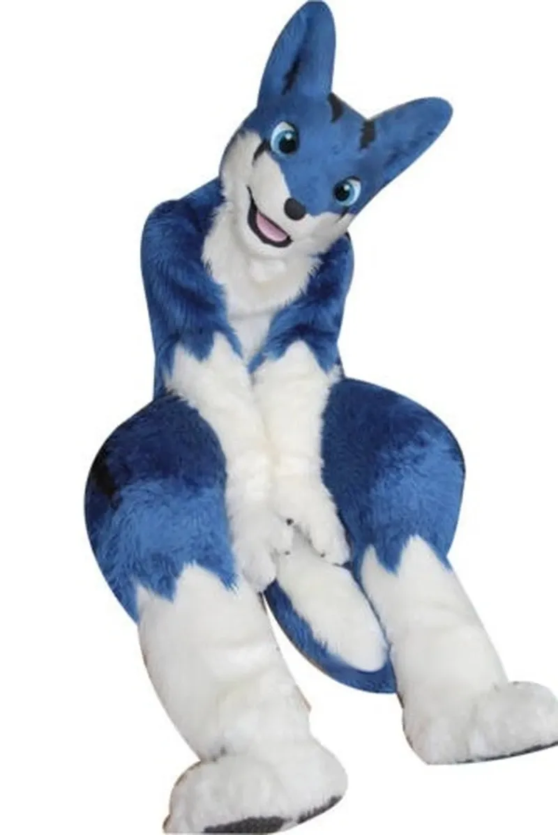 Costume de mascotte de fourrure mi-longue de renard Husky bleu marche Halloween noël et costume d'événement à grande échelle jeu de rôle