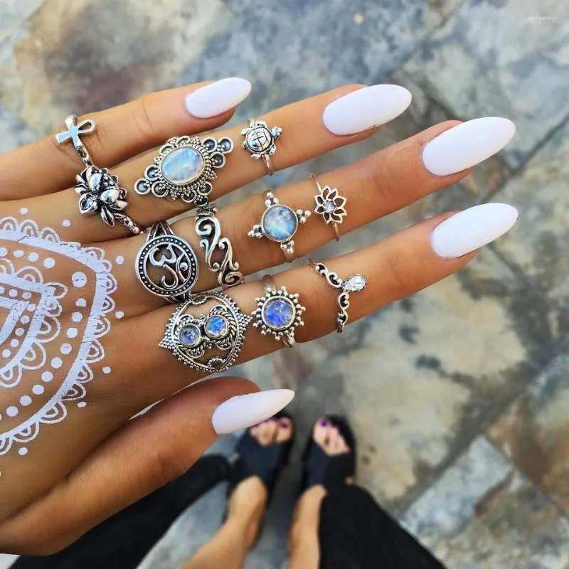 Cluster Rings Bague Femme Vintage For Women Boho Geometric Flower Crystal Knuckle Ring Set Bohemian Midi Finger Jewelry Silver Color