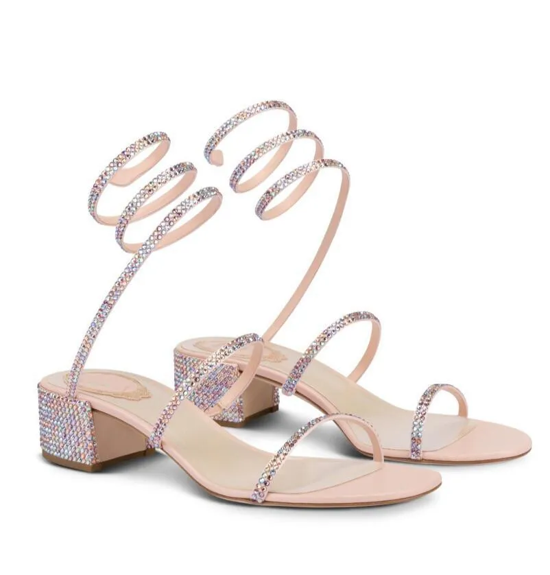 Top Design ReneschaoVillas Cleo Crystal Sandals Sapatos Nappa cetim bloco de altura média Spiral envolve sandalias para festa de casamento