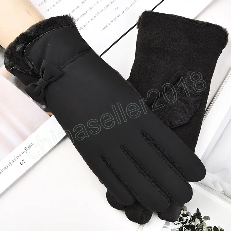 Fashion Lady Gloves Women Winter Vintage Cycling Thick Warm Windproof Bow-Knot Full Finger Ladies Touch Screen Glove Mittens