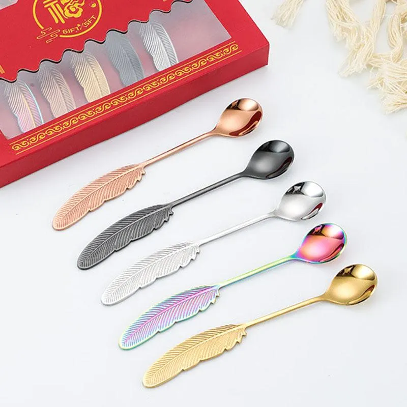 Dinnerware Sets Creative 304 Stainless Steel Feather Spoon Coffee Cake Dessert Teaspoon Fruit Fork Wedding Gift Kitchen Utensils