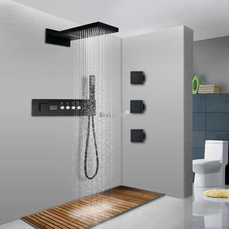 샤워 세트 욕실 벽 장착 무광택 검은 폭포 레인 스파 온도 조절 샤워 시스템
