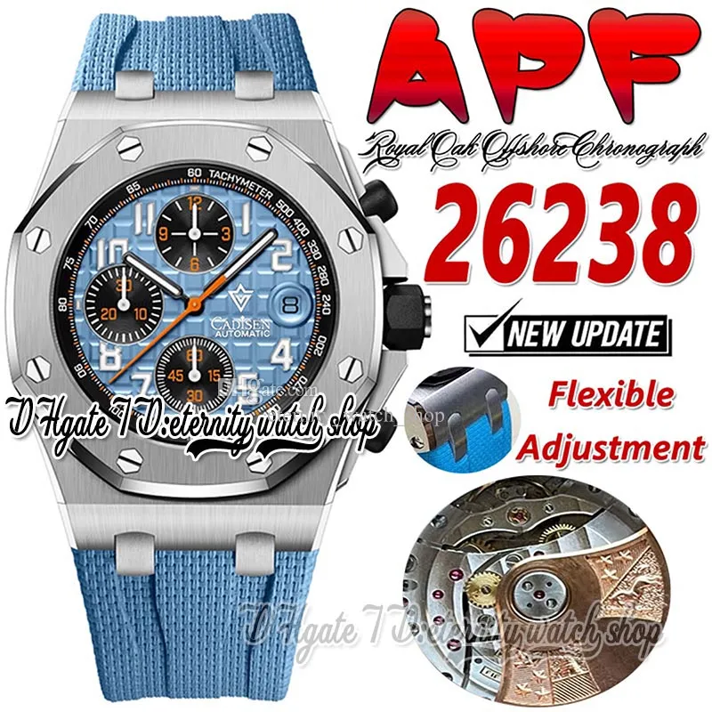 APF APSF26238 A3126 Chronograph Automatic Mens Watch Steel Case Blue Texturet Dial Black Subdial Rubber Super Edition Eternity Watches Strap Exclusive Technology