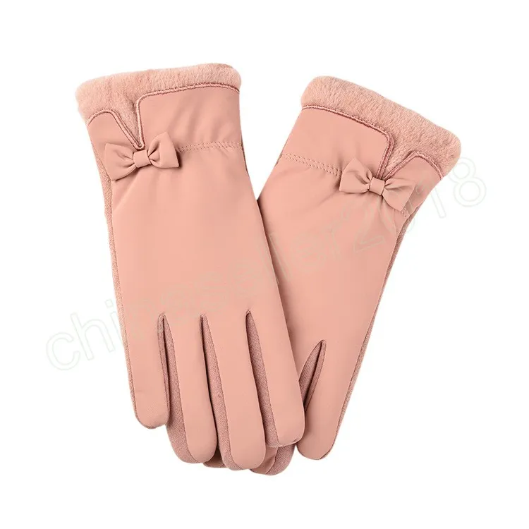 Fashion Lady Gloves Women Winter Vintage Cycling Thick Warm Windproof Bow-Knot Full Finger Ladies Touch Screen Glove Mittens