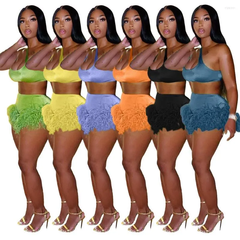 Kvinnors sp￥rs￤ttningar Sexiga fj￤drar Tv￥ stycken Set 2022 Summer Women Party Outfits Tank Crop Top Shorts Fashion Night Clubwear Suit