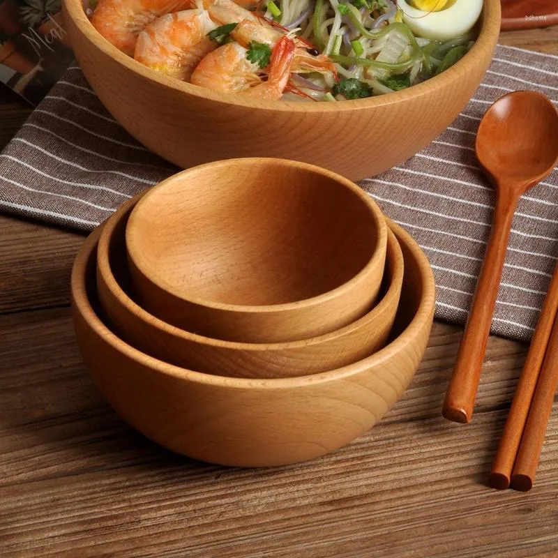 Bowls 5 Size Wooden Bowl Japanese Style Beech Wood Rice Soup Salad Container Small Large For Kids Tableware