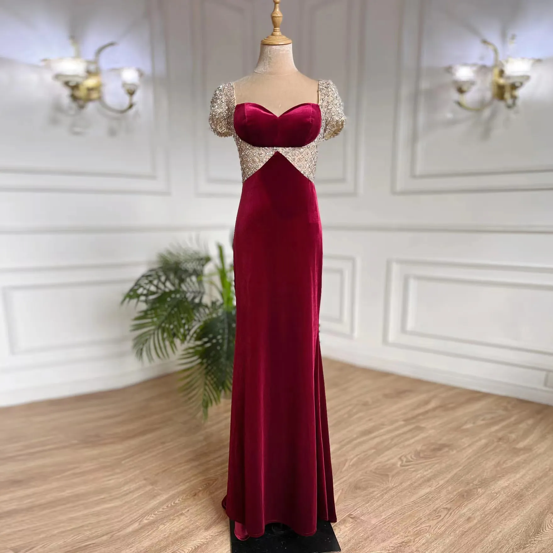 Elegante rode prom -jurk voor dames fluwelen kralen sweetheart korte mouw lange avondfeest formele jurken gewaad de mariage