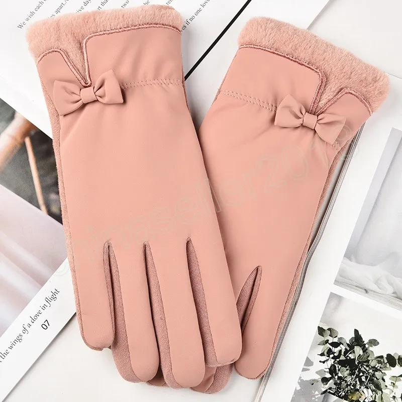 Fashion Lady Gloves Women Winter Vintage Cycling Thick Warm Windproof Bow-Knot Full Finger Ladies Touch Screen Glove Mittens