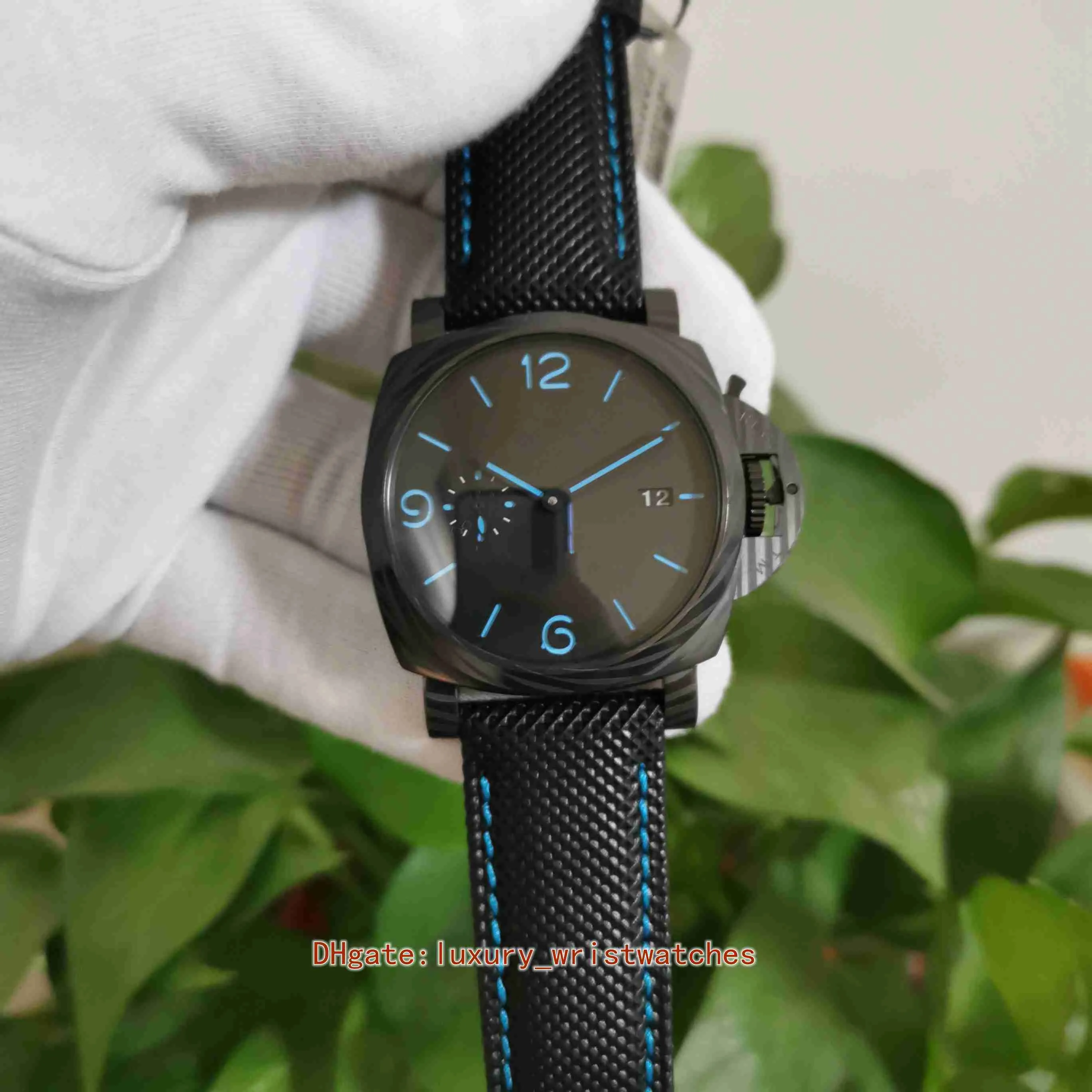 Perfeito Excelente versão relógio Relógios 44mm 01661 Blue Black Dial Leather Strap Mecânico Movimento automático Back Transparent Men's Men's Wristwatches