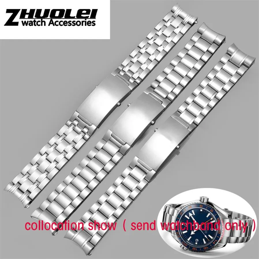 For O-mega 007 wristband 18mm 22mm 20mm Silver Stainless Steel Solid Link Watchband Strap Folding Clasp Safety Men Correa De Rel278V