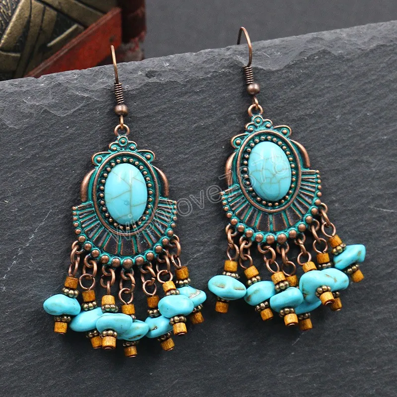 Vintage Bohemian Drop Dangle Earrings for Women Blue Stone Tassel Handmade Jewelry Ethnic Boho Geometric Statement Earrings