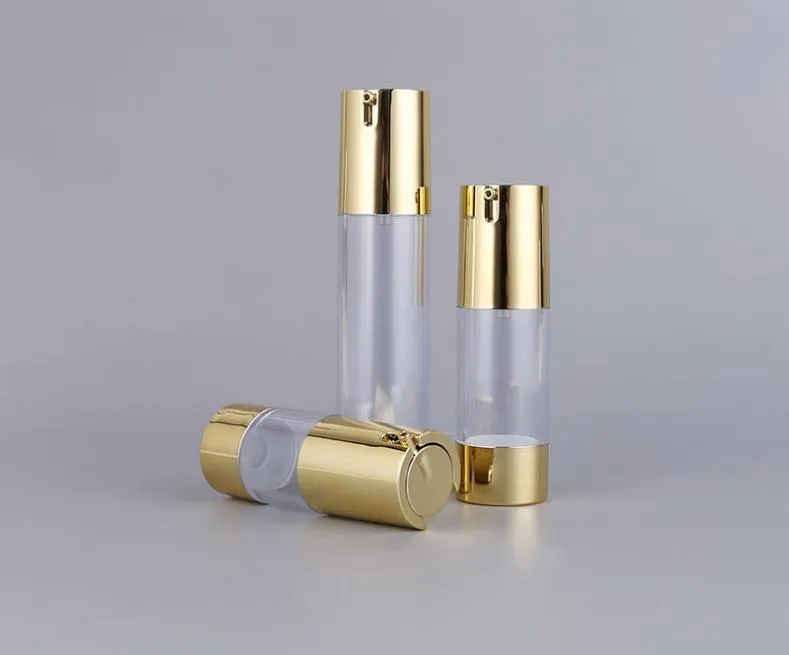 Bottiglie cosmetiche per lozione senz'aria d'oro Bottiglie per pompe per imballaggio di siero di essenza 15 ml 30 ml 50 ml Contenitori vuoti per il trucco 100 pezzi SN537