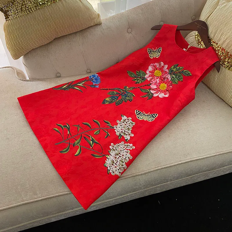 Abiti casual vestito senza maniche canotta rotonda canotta top cinese in rosso premium elegante elegante fiore in perline in stile semplice moda