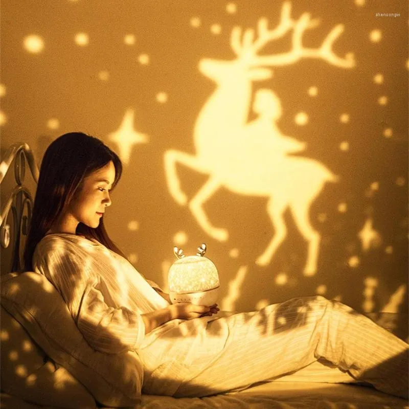 Night Lights Deer Projector Light With BT Speaker Chargeable Starry Rotate LED Lamp Colorful Flashing Star Kids Baby Gift