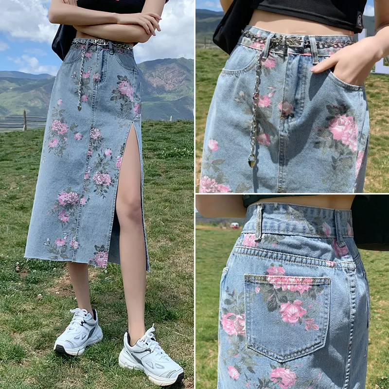 Vintage blommönster dam lång jeanskjol Sommar Harajuku hög midja Sexiga sidodelade jeans koreanska Streetwear raka kjolar