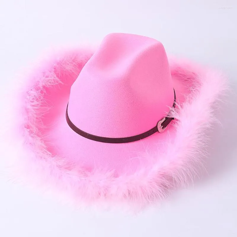 Berets Puloru Flauschiger Cowboyhut mit Federbesatz für Damen, weiche breite Krempe, große Kappe mit Gürtel, westliche Mädchen-Party-Fedora-Kappen, Karneval, Cosplay