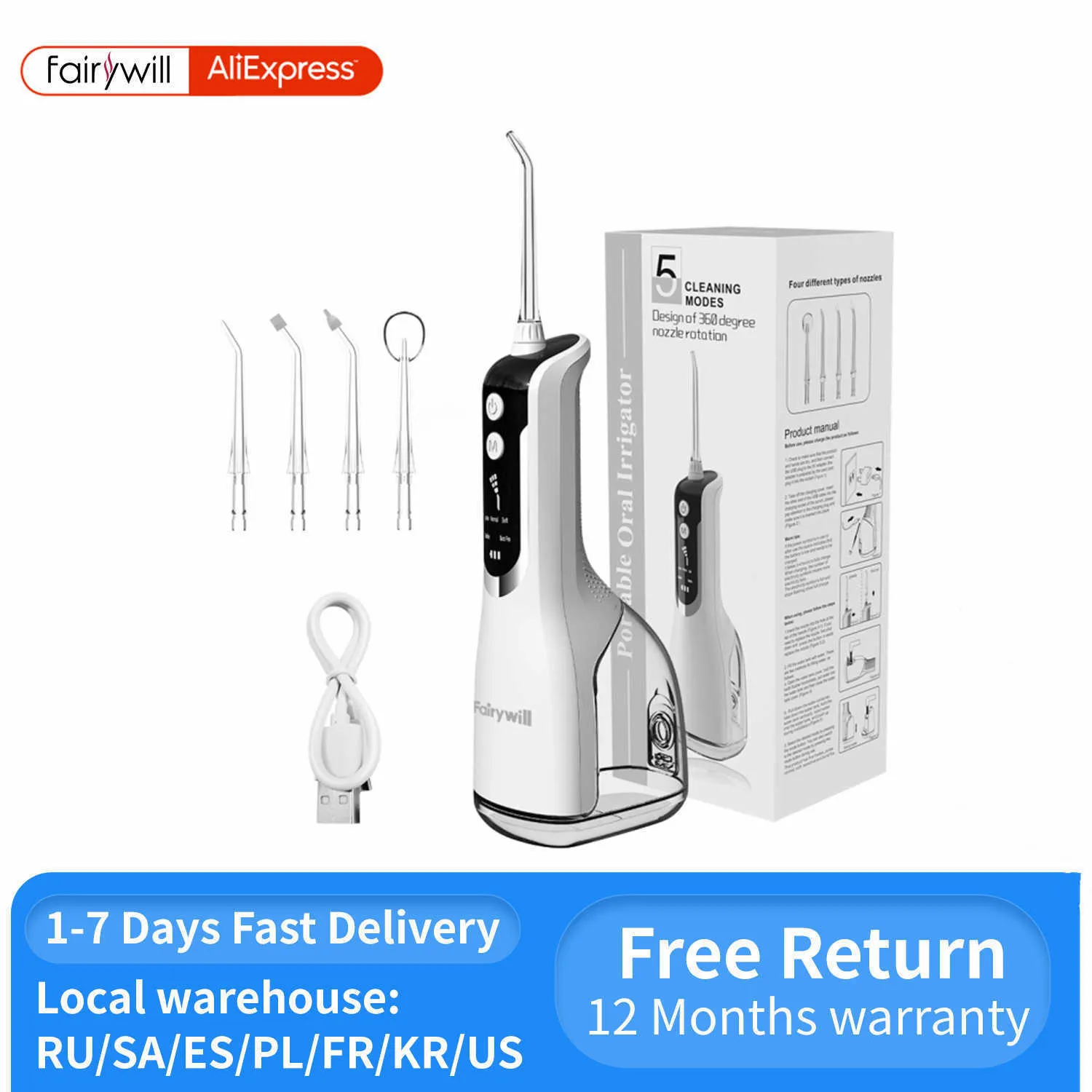 Oral Irrigators Other Hygiene Fairywill Irrigator Portable Water Flosser 330ML Dental Teeth Cleaning USB Charge With 5 Jets For Braces Travel 221215