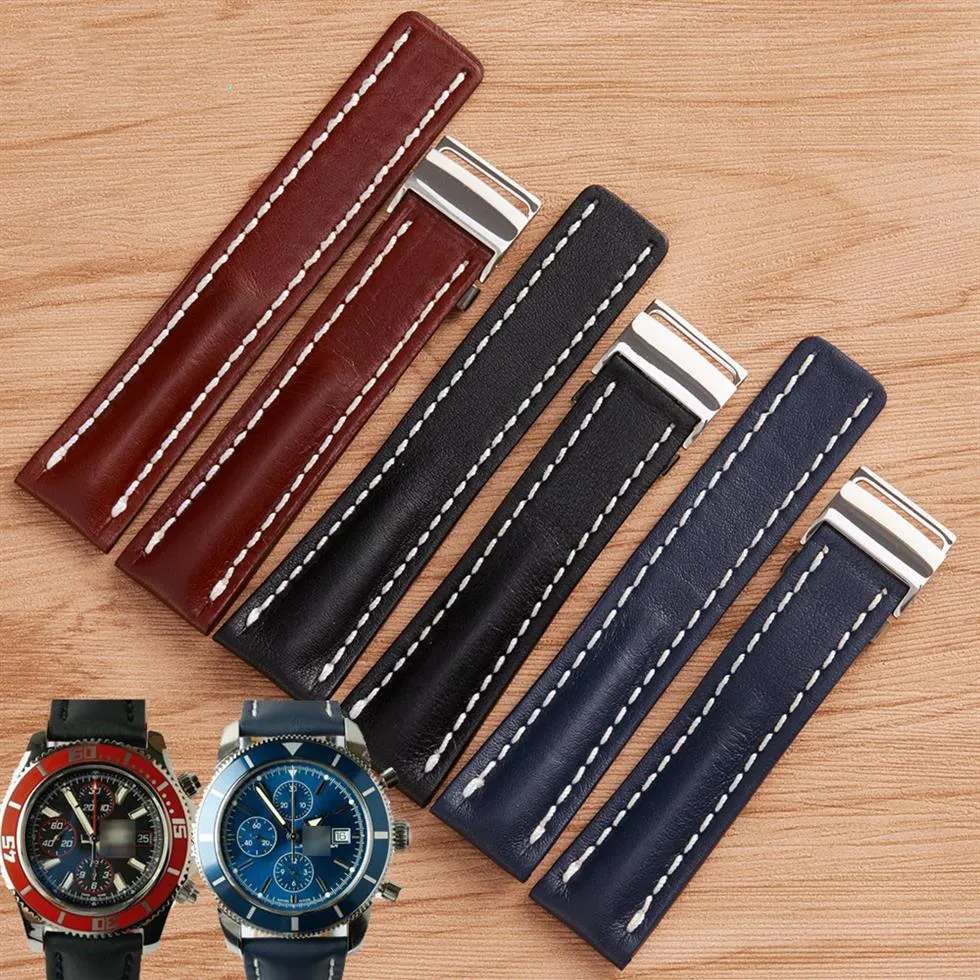 Horlogeband 22 mm 24 mm zwart bruin blauwe horlogeband gladde lederen band met roestvrijstalen vouwbespeling geschikt voor breitling su243i