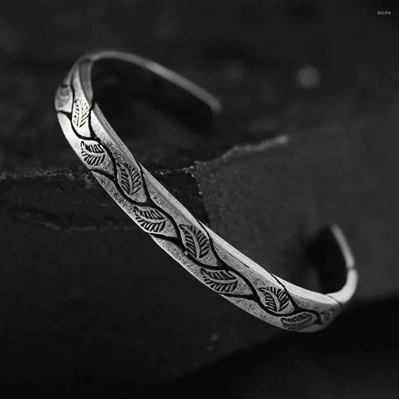 Bangle Antique Titanium Stainless Steel Retro Silver Leaf Black Punk Viking Bracelet Design Open Cuff Bangles Jewelry For Men