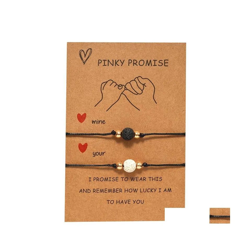 Beaded Strands Black White Lava Stone Beaded Bracelets Pinky Promise Paper Card Lover Couple Friendship Bracelet Adjustable Rope Es Dhrxz