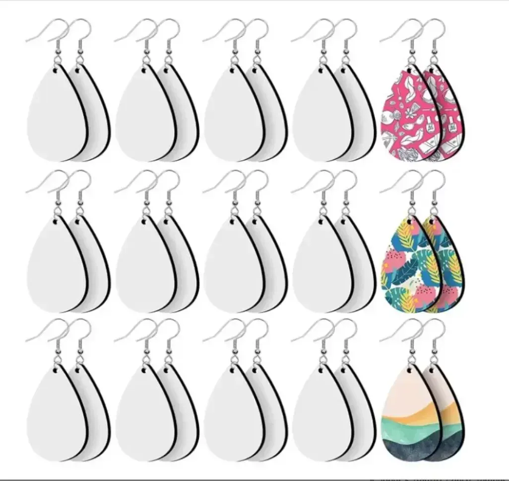 Sublimation Boucles d'oreilles vierges Transfert de chaleur Boucles d'oreilles Pendentifs en forme de larme en bois non fini en 5 formes assorties pour la fabrication de bijoux DIY New