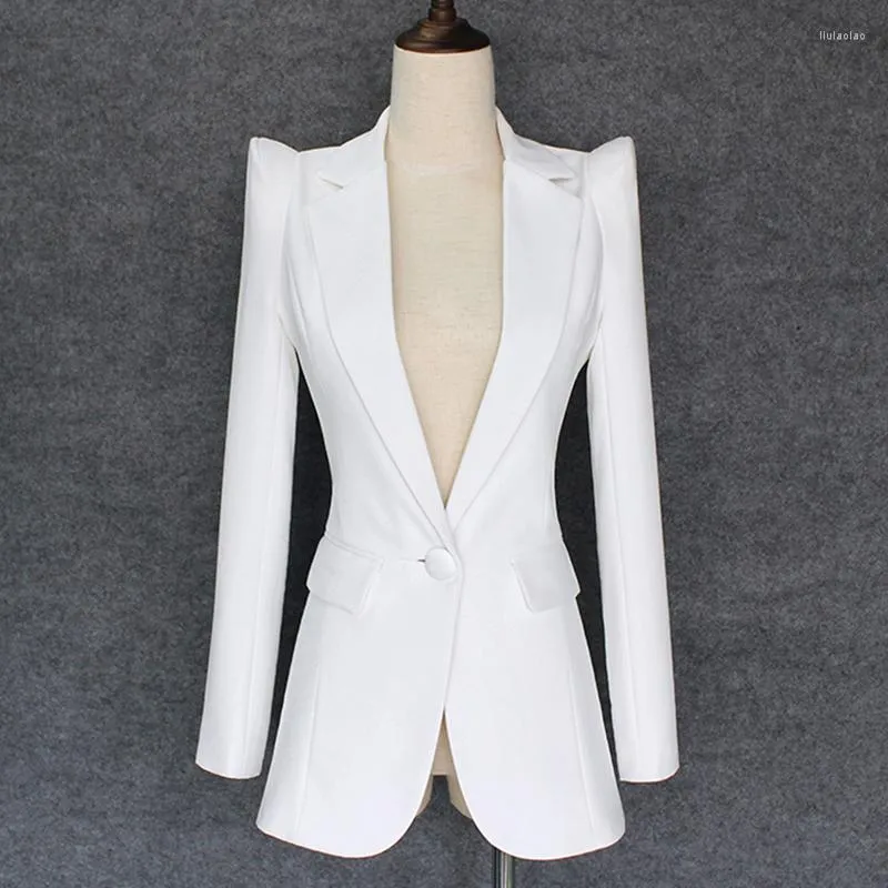 女性のスーツ最高品質 2022 スタイリッシュなデザイナーブレザー女性の肩をすくめるシングルボタン白ジャケット