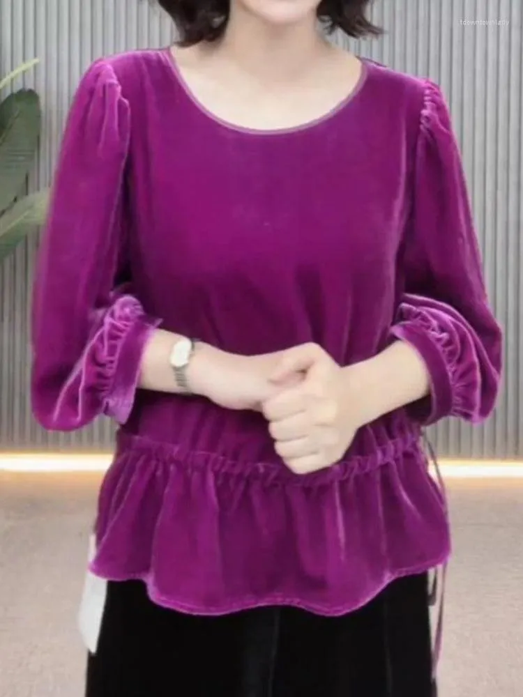 Koszule damskie 2022 aksamitne bluzki bluzki kobiety solidne koronkowe patchwork z długim rękawem eleganckie luźne koszulki Kobieta T323