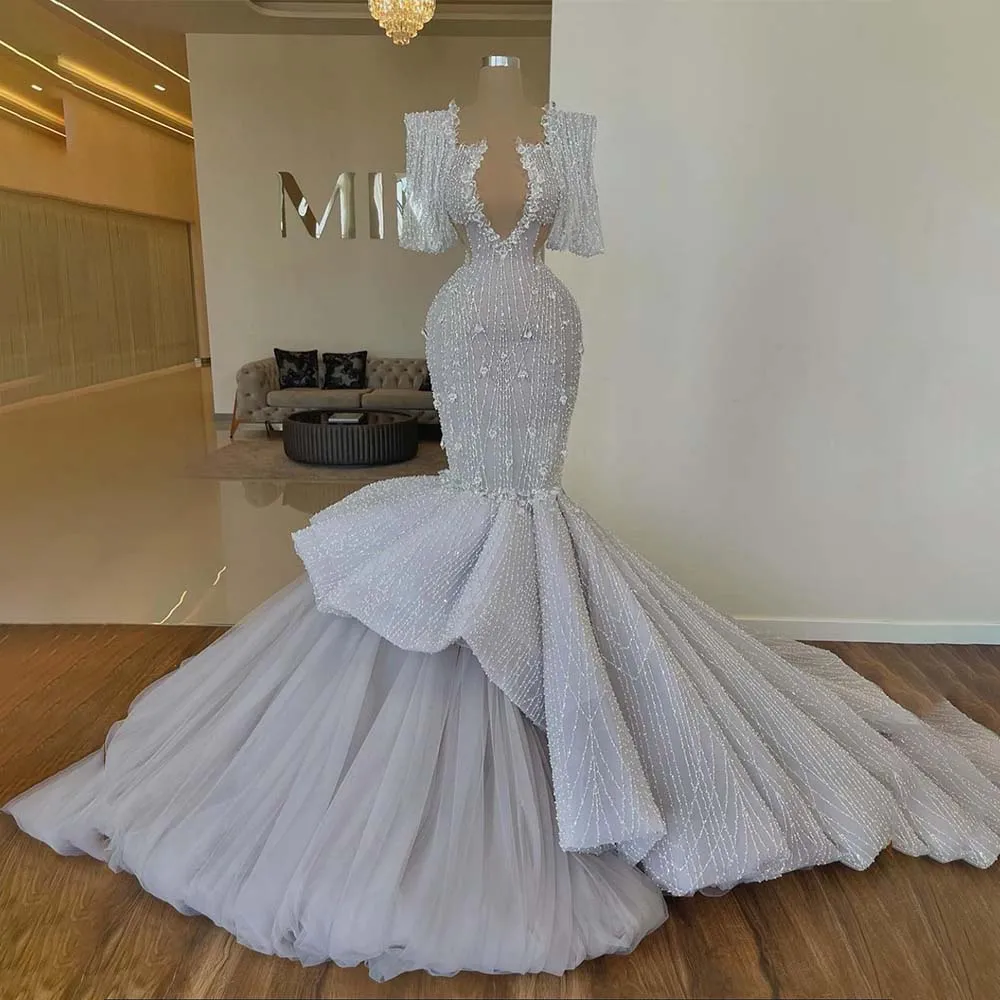 Sparkly Mermaid Wedding Dress for Bride Sequins Deep V Neck Long Sleeve Vestido de Noiva sereia Bridal klänningar charmig