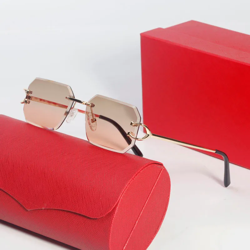 Kadınlar için Pembe Güneş Gözlüğü Erkek Tasarımcı Gözlük Boy Moda Retro Vintage 41mm Çerçevesiz Lunettes Kadın Polarize Gözlük Carti Metal Gözlük Gözlükler